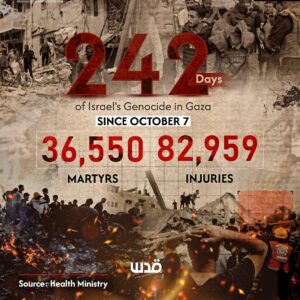 242 Days of Israel’s Genocide in Gaza
SINCE OCTOBER 7
36,550 MARTYRS
82,959 INJURIES
Source: Health Ministry