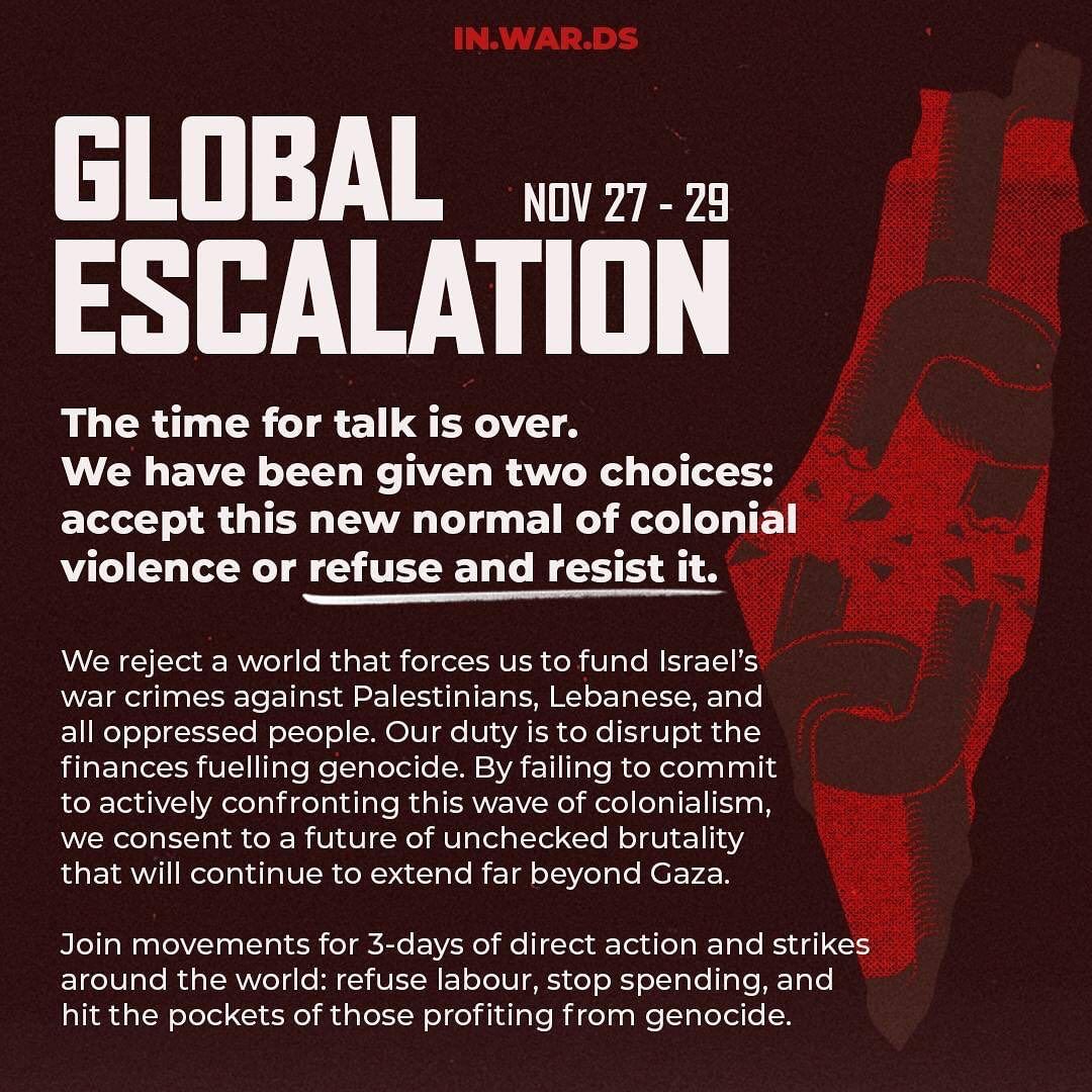 GLOBAL ESCALATION - NOV 27-29 The time for talk is over. We have been given two choices: accept this new normal of colonial violence or refuse and resist it.