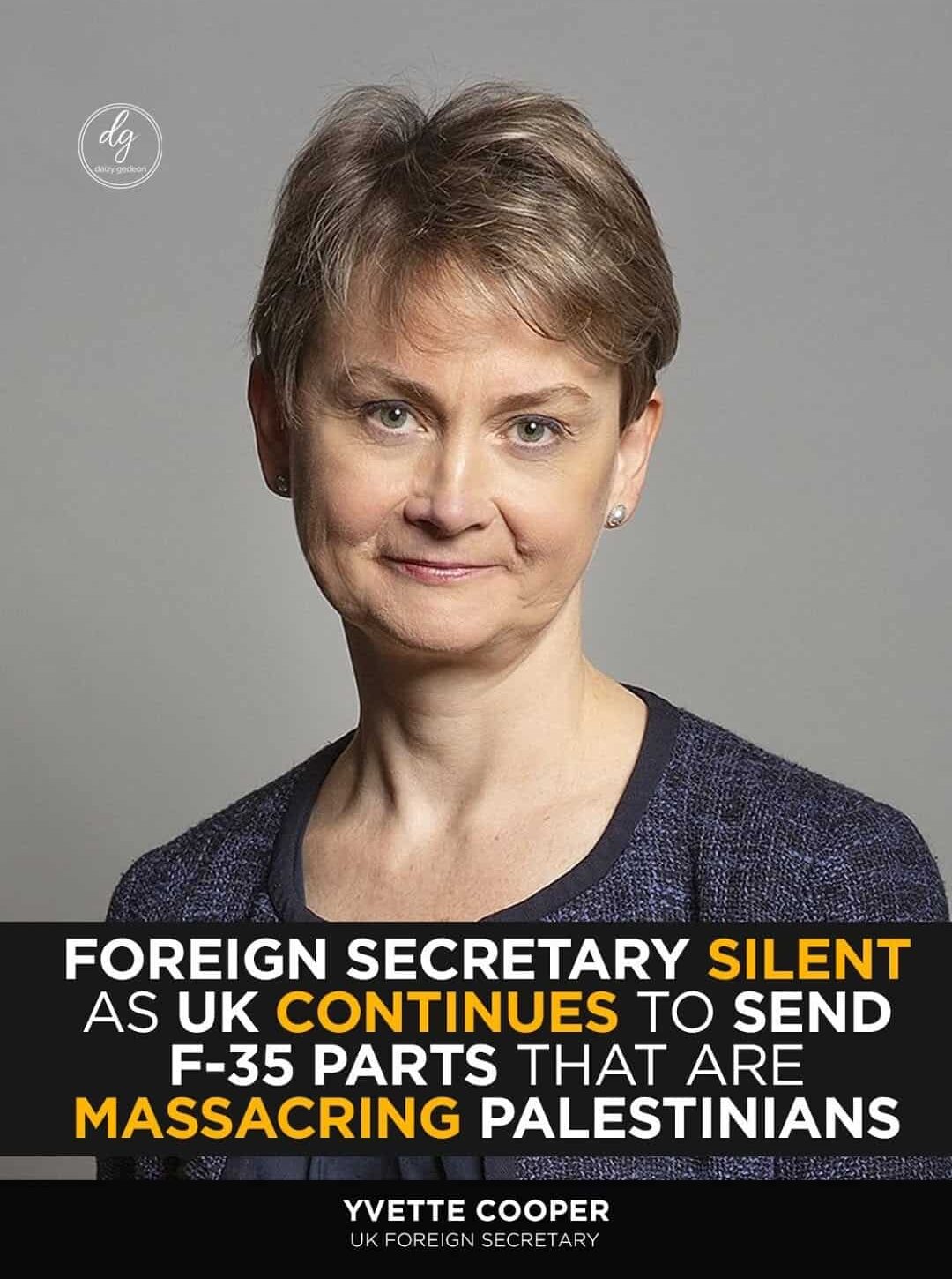 UK Foreign Secretary Yvette Cooper Silent as Britain Supplies F-35 Parts Used in Palestinian Massacres