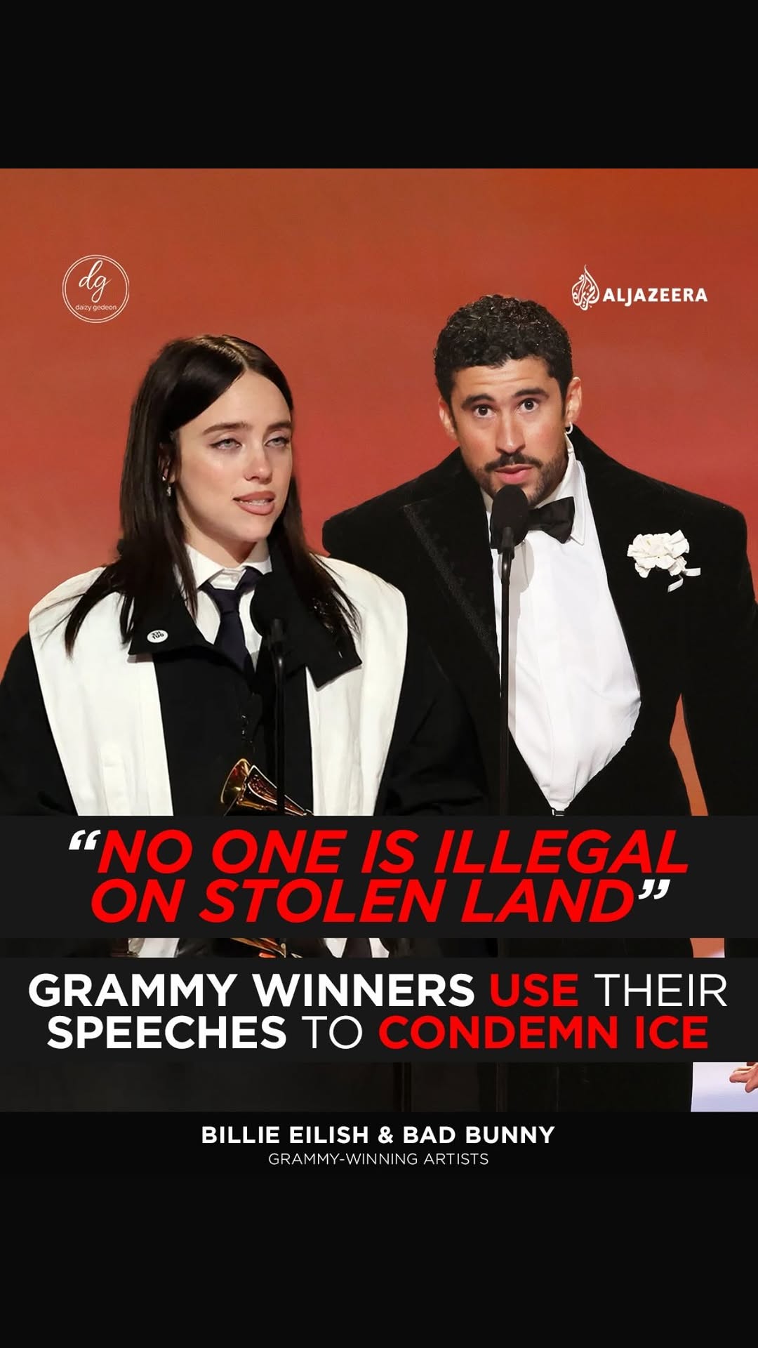 Billie Eilish & Bad Bunny Slam ICE at Grammys, Saying “No One Is Illegal on Stolen Land”