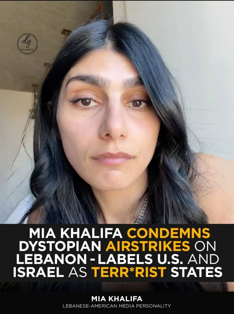 Mia Khalifa Condemns Airstrikes on Lebanon, Calls U.S. and Israel Terrorist States